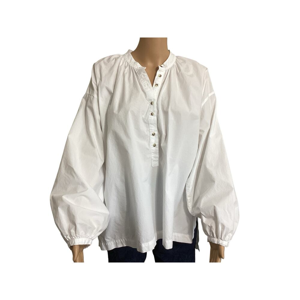 Free People Oversized White Boho Tunic Top Puff Sleeve Button Up Blouse size M